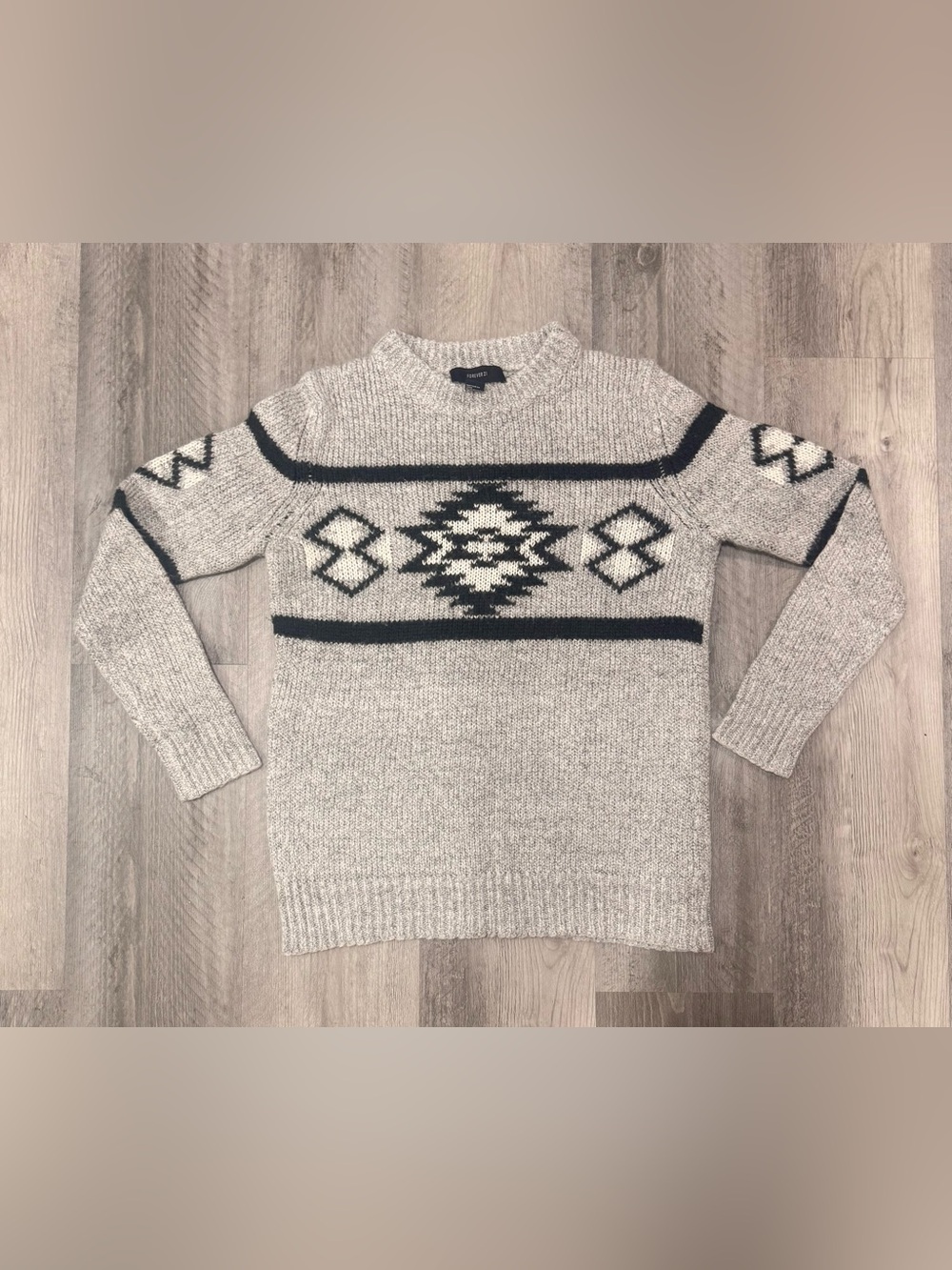 Forever 21 Gray Crewneck Sweater with Black Aztec Motif